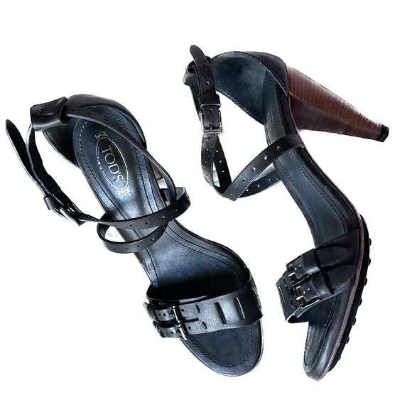 Tom Ford Grey Leather Buckle Strap Sandal Heels Wood Block US 6/6.5 EU 36.5 - Picture 1 of 11